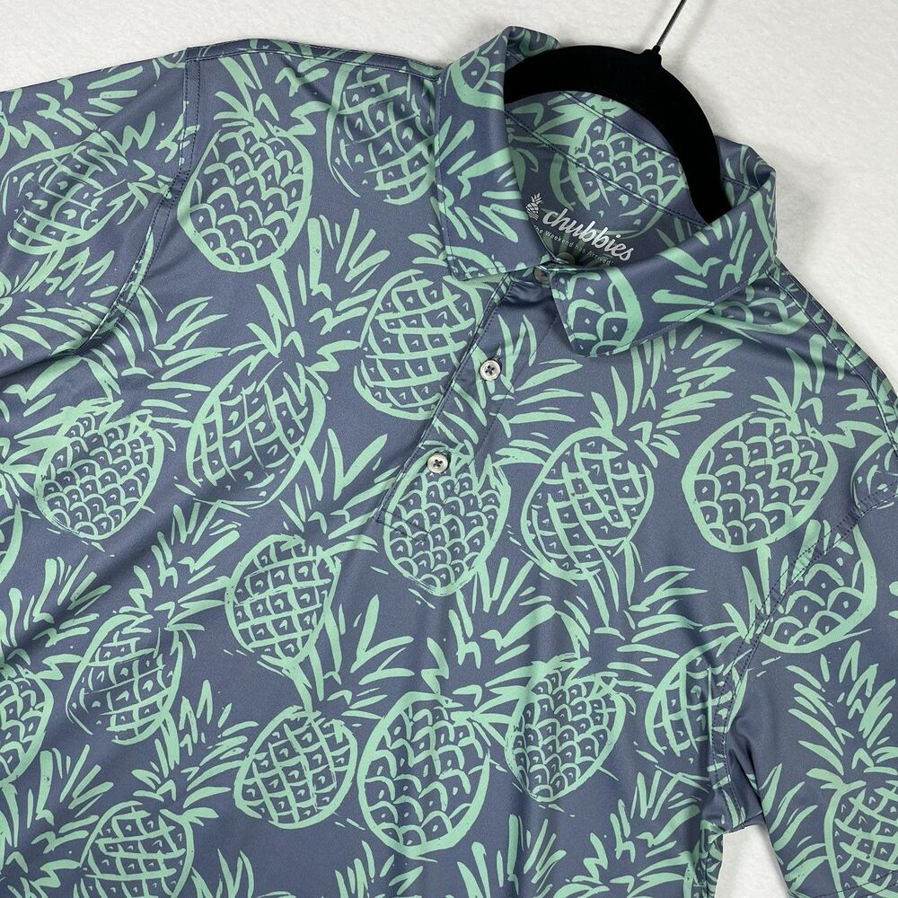 Chubbies Polo Shirt Men Small S Pineapple Print Slate Gray Mint Performance Golf